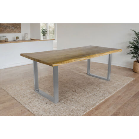 Esstisch Baumkante Akazie massiv eichenfarben 180 x 90 U-Gestell silber CALI