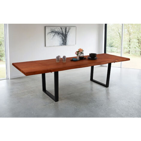 Esstisch Baumkante Akazie nuss 140 (220) x 90 cm U-Gestell schwarz mit Ansteckplatten CALI (1/5)