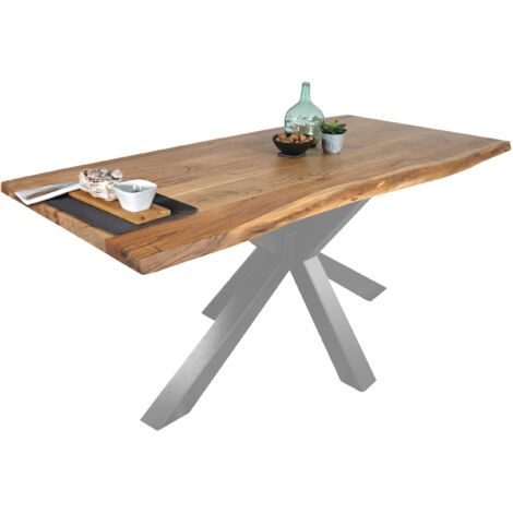 Esstisch Baumkante massiv Akazie Natur 180 x 90 Spider-Gestell silber TIM