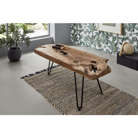 Couchtisch Beistelltisch Teakholz Hairpin-Gestell 100 x 40 x 40 cm schwarz ISANA (1/5)