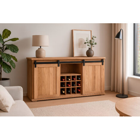 Wein-Sideboard 85 x 45 x 145 cm Akazienholz massiv naturfarben ohne Baumkante LIAN 1 (1/5)