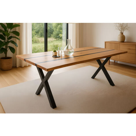 Esstisch 200 x 100 cm Akazie massiv natur mit schwarzen Resin-Adern X-Gestell schwarz PETER (1/5)