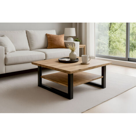 Couchtisch Baumkante 90 x 90 cm Akazie massiv + naturfarben lackiert schwarz PATRICK
