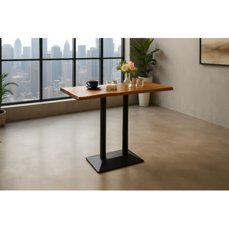 Bistrotisch Baumkante massiv 120 x 60 cm Akazie nussbaumfarben schwarz Doppelsäulengestell IAN