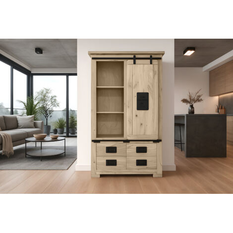 Highboard Vitrine Akazie massiv eichenfarben 90 x 45 x 150 cm LIBRO (1/5)