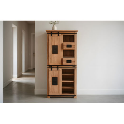 Highboard Vitrine Akazie massiv naturfarben 80 x 45 x 175 cm LIBRO (1/5)