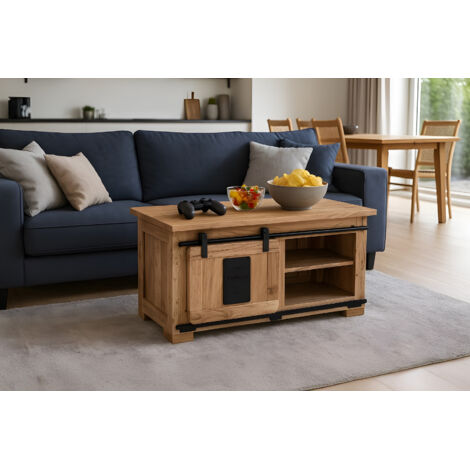Couchtisch mit 2 Schiebetüren und 4 Fächern Akazie massiv naturfarben 110 x 45 x 50 cm LIBRO (1/5)