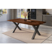 Esstisch Baumkante massiv Akazie nussbaum 220 x 100 schwarz X-Gestell NICK
