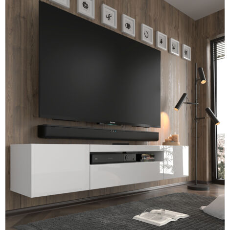 Aura TV-Möbel 200x37x42H cm Hänge- oder Bodenmöbel mit Füßen Korpus: weiß matt, Fronten: weiß glänzend