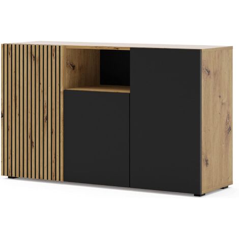 Buffet Nera mit 3 Türen, Holzoptik und Schwarz, 135cm
