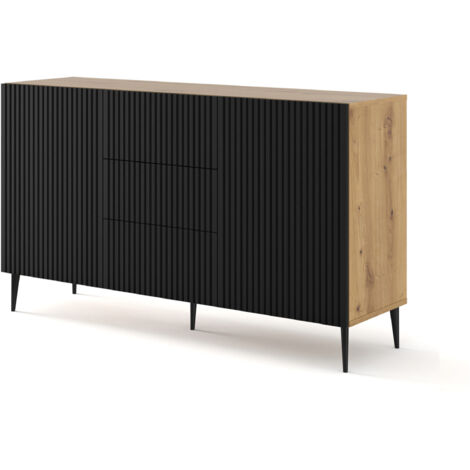 Kommode RAVENNA B, 150 cm 2D 3 schubladen gefrästes handwerks-eiche / schwarz matt + füße