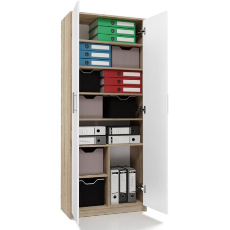 PARLA - Modern wardrobe with 6 shelves - 180x74x35cm - Storage - Office wardrobe - White and Sonoma