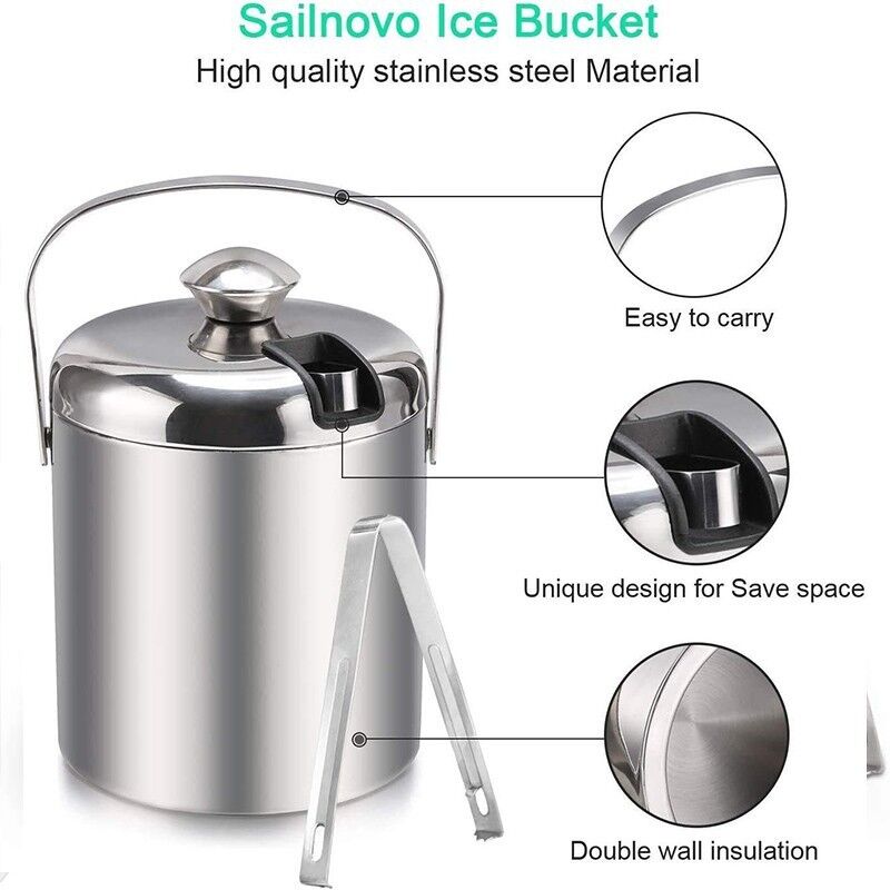 Ice Bucket With Silicone Lid And Tongs &Strainer -3L Double Wall - View #7