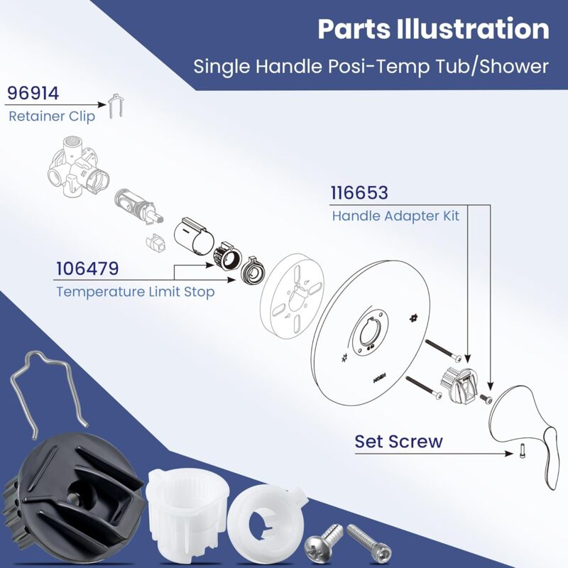 thumbnail image 2 of Replacement Shower Handle Adapter Kit For 116653, Compatible With Moen Single-Handle Posi-Temp Tub/Shower Faucet Cartridges 2 of 10