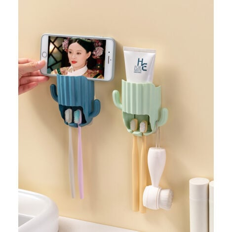 four 2 in 1 Kids Toothbrush and Toothpaste Holder, Suction Cup, Cartoon Razor Drainage Organizer with Hooks for Bathroom, Mirror, Dresser Counter COOCHEER