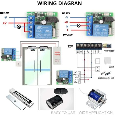 Universal Wireless Remote Control Switch 433MHz DC 12V 1CH RF Relay Receiver Module with 1 Transmitter, EV1527 Learn Code DIY Remote Control