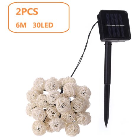 Set of 2, Natural Solar Garland 6m 30 Balls, IP44 - Honest Color Rattan Light Garland