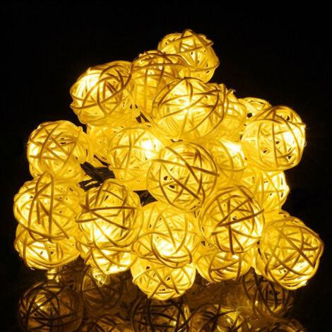 Set of 2, Natural Solar Garland 6m 30 Balls, IP44 - Honest Color Rattan Light Garland