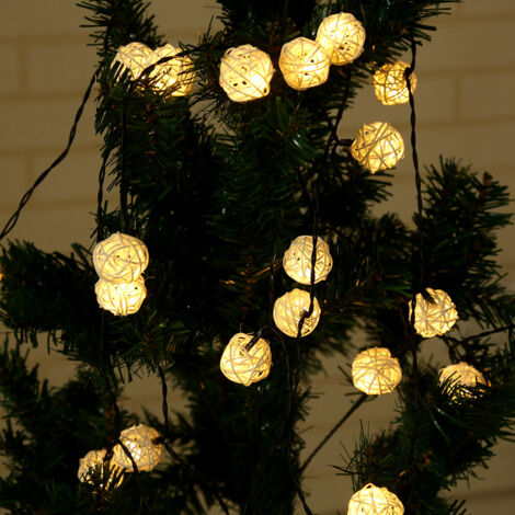 Set of 2, Natural Solar Garland 6m 30 Balls, IP44 - Honest Color Rattan Light Garland