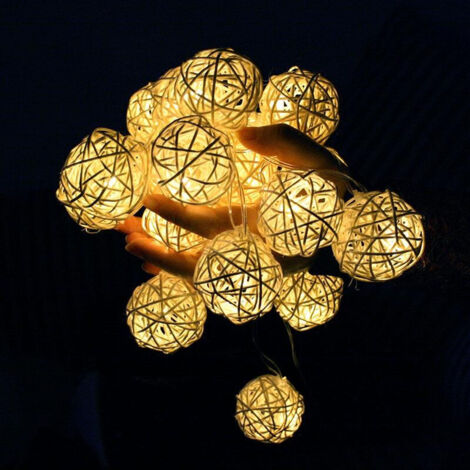 Set of 2, Natural Solar Garland 6m 30 Balls, IP44 - Honest Color Rattan Light Garland