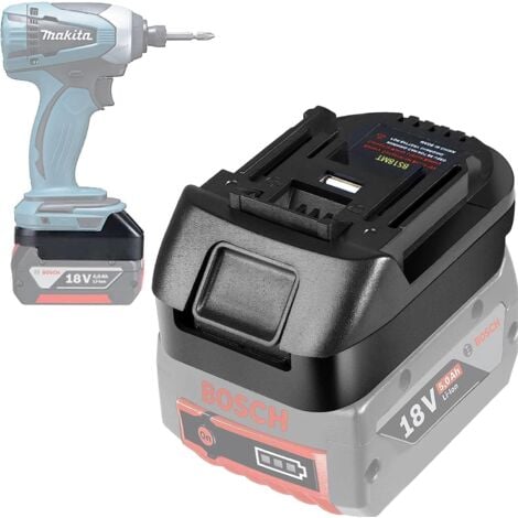 Battery adapter for converting and using Bosch 18V batteries in Makita 18V power tools. Adapter for connecting Bosch 18V batteries to Makita 18V batteries (adapter only)