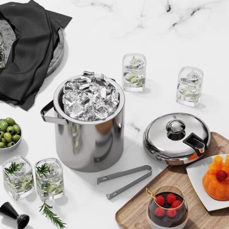 Ice Bucket With Silicone Lid And Tongs &Strainer -3L Double Wall