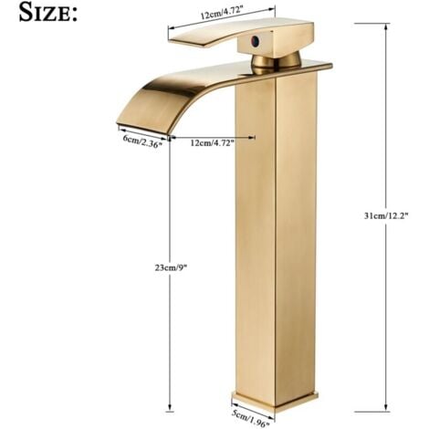 Gold Waterfall Basin Faucet, Waterfall Bathroom Faucet with Height Adjustable Spout for Hot and Cold Water, Stainless Steel Waterfall Basin Faucet