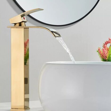 Gold Waterfall Basin Faucet, Waterfall Bathroom Faucet with Height Adjustable Spout for Hot and Cold Water, Stainless Steel Waterfall Basin Faucet