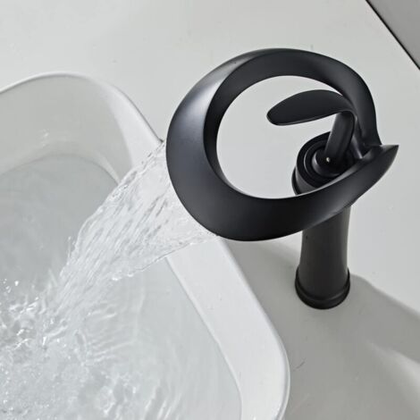 Black basin mixer with high waterfall and high spout. Black basin mixer with high waterfall and high spout. Black basin mixer with high waterfall faucet. Black waterfall bath mixer, black, high