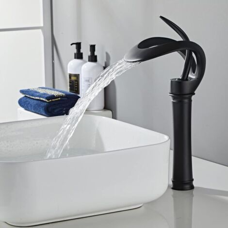 Black basin mixer with high waterfall and high spout. Black basin mixer with high waterfall and high spout. Black basin mixer with high waterfall faucet. Black waterfall bath mixer, black, high
