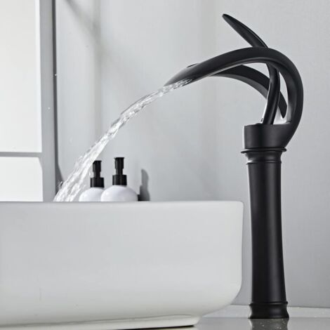 Black basin mixer with high waterfall and high spout. Black basin mixer with high waterfall and high spout. Black basin mixer with high waterfall faucet. Black waterfall bath mixer, black, high