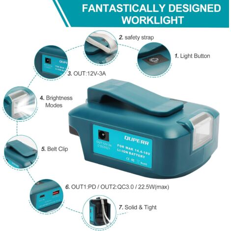 Adp05 Power Source Battery Adapter Work Light Converter for Makita 14.4V & 18V Battery with a Pair of USB Phone Charger Interface, with Cordless DC Port Flashlight (Adapter Only)
