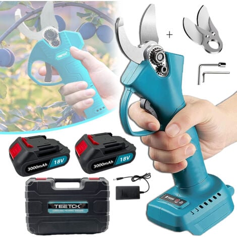 Forbici da potatura elettriche, cesoie a batteria da 18 V, cesoie per potatura, cesoie per rami da giardino + 2 batterie da 3,0 A + caricabatterie, compatibili con batteria Makita BL1850