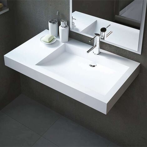 Vasque salle de bain suspendue blanche 80 cm – Solid surface avec percement – Fixations murales incluses – Résistante aux taches – Ambra