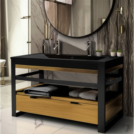 Meuble salle de bain 120 cm en chêne naturel et métal noir – Plan vasque noir – Grand tiroir avec coulisses silencieuses – Design industriel – Byca
