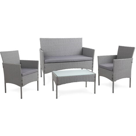 TULUM - Salon de jardin en résine tressée 4 places: 1 canapé, 2 fauteuils, 1 table basse - Coussins déperlants et déhoussables avec fermeture éclair - GRIS/GRIS