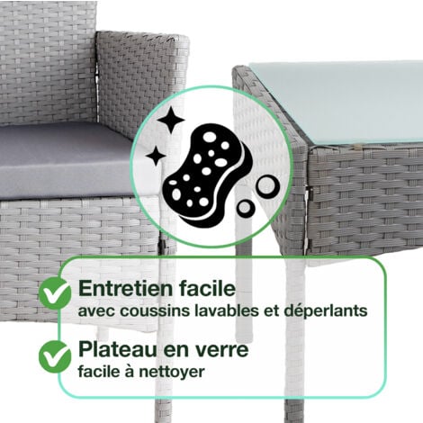 TULUM - Salon de jardin en résine tressée 4 places: 1 canapé, 2 fauteuils, 1 table basse - Coussins déperlants et déhoussables avec fermeture éclair - GRIS/GRIS