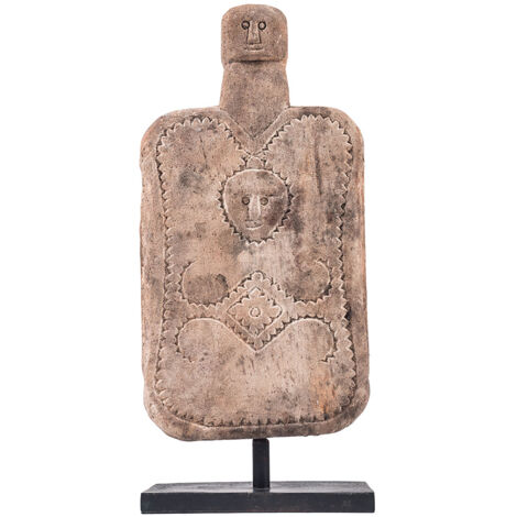 PANJI BIG - Statuette en Pierre Calcaire Naturelle avec Motif Visage Stylisé - Sculpture Ethnique - Dimensions 48cm - Finition Artisanale sur Pied Métal Noir - Décoration Intérieure et Extérieure (1/2)