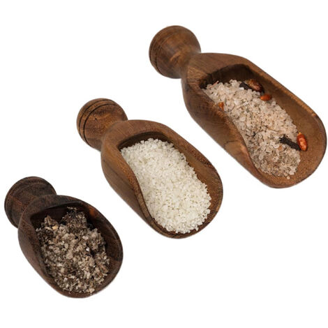 Set de 3 Pelles à Sel en Teck Naturel - 10/13/17cm - Finition Artisanale - Ustensiles de Cuisine Authentiques - Bois Recyclé - Style Ethnique (1/4)