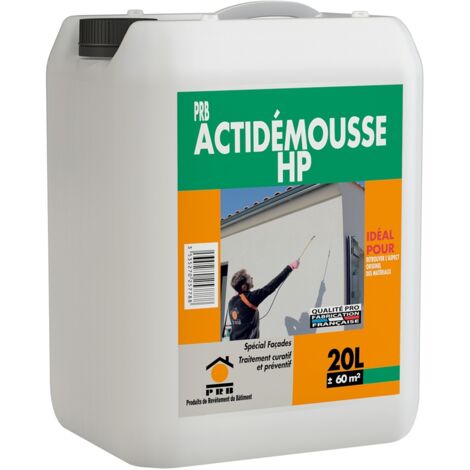 Traitement antimousse 20L – Curatif et préventif incolore – Élimine mousses, lichens, moisissures – Pour façades et toitures extérieures – PRB