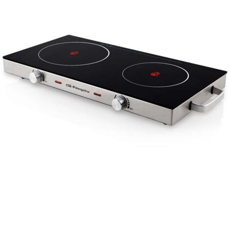 Orbegozo placa vitrocerámica portátil PCE 6000, superficie de cristal templado, cuerpo acero inox, 2 termostatos de regulación contínua, cuerpo acero inoxidable, apta todo tipo baterías de cocina, 280