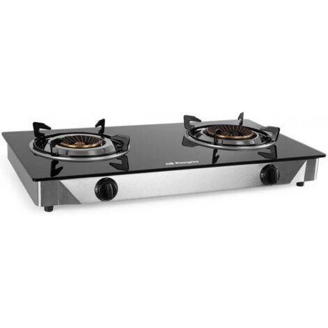 Orbegozo hornillo a gas FO 2720, superficie de cristal templado, cuerpo inox, encendido piezoeléctrico, 2 quemadores triple corona, uso interior/exterior, gas butano/propano