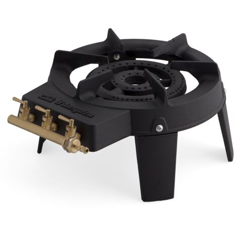 Obegozo hornillo a gas FO 6400, cuerpo hierro fundido, doble quemador, cuádruple corona, 18 cm diámetro, uso exterior, 7000 W