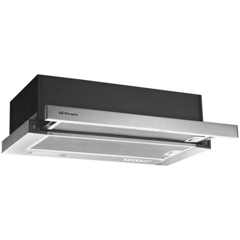 Campana telescópica frontal acabado inox Orbegozo 60 cm TL 06260 A IN, 2 niveles de potencia, 2 filtros aluminio desmontables, extracción 302 m3/h, clase enrgética D, 65 W (1/4)