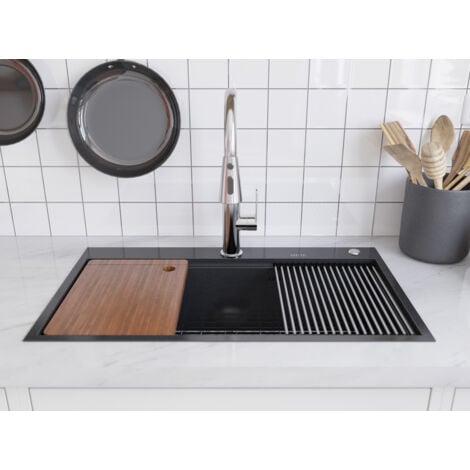 MEJE 80 x 46 cm poste de travail Évier de cuisine ferme en acier inoxydable avec planche à découper, grille et passoire - anthracite