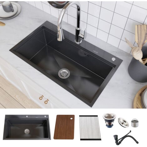 MEJE 80 x 46 cm poste de travail Évier de cuisine ferme en acier inoxydable avec planche à découper, grille et passoire - anthracite