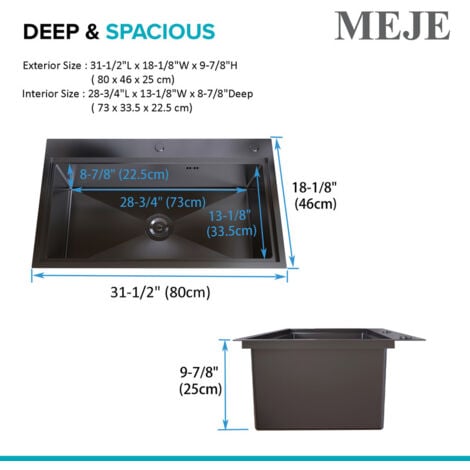 MEJE 80 x 46 cm poste de travail Évier de cuisine ferme en acier inoxydable avec planche à découper, grille et passoire - anthracite