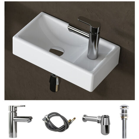Meje – Lavabo suspendu céramique blanche 41x23x10 cm – Mini évier mural avec kit de vidange – Conception moderne pour petites salles de bain (1/5)