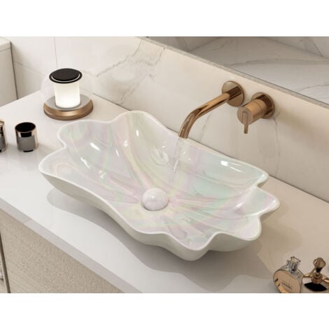 MEJE Évier de salle de bain unique en forme de feuille de lotus de 61 cm, lavabo en céramique au-dessus du comptoir, lavabo artistique, couleur nacrée (comprend un drain pop-up)