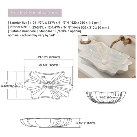 MEJE Évier de salle de bain unique en forme de feuille de lotus de 61 cm, lavabo en céramique au-dessus du comptoir, lavabo artistique, couleur nacrée (comprend un drain pop-up)